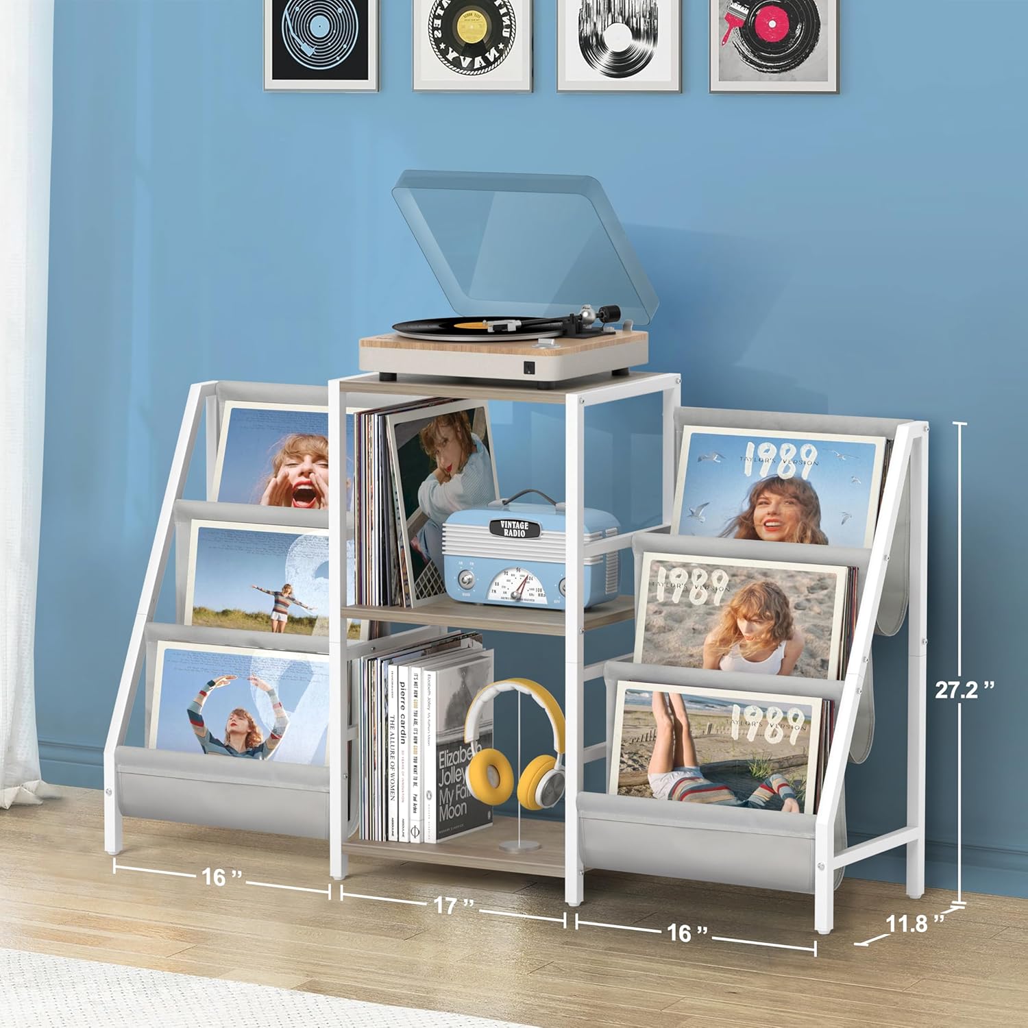 Record Player Stand with Vinyl Storage, Record Player Table with Record Storage 200 Albums, Turntable Stand with Record Holder Vinyl Display Shelf, Record Cabinet Media Stereo (White) - PuriLite