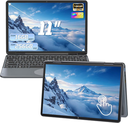 2025 New 2 in 1 Touchscreen Laptop, 11" FHD 1920x1200 IPS Display, Intel 12th Gen N100, 16GB DDR4 RAM, M.2 SSD, 360° Flip, Ultra-Portable Notebook for Students & Professionals (16GB RAM | 256GB SSD)