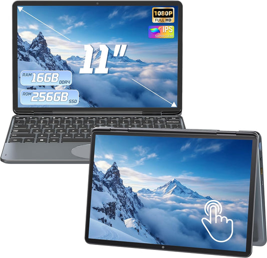 2025 New 2 in 1 Touchscreen Laptop, 11" FHD 1920x1200 IPS Display, Intel 12th Gen N100, 16GB DDR4 RAM, M.2 SSD, 360° Flip, Ultra-Portable Notebook for Students & Professionals (16GB RAM | 256GB SSD)