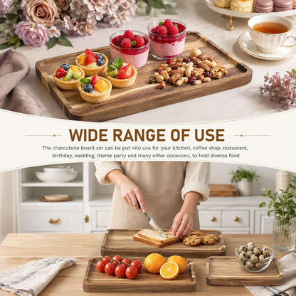 6 Pack Acacia Wood Serving Trays, Wooden Serving Platters in 3 Sizes, Rectangular Wood Food Trays for Bread Fruit Dessert Snack Coffee Table Countertop Kitchen Serving Board
