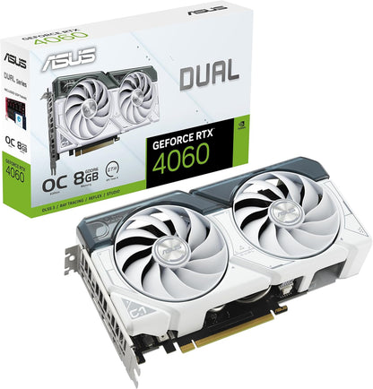 ASUS Dual GeForce RTX 4060 EVO White OC Edition 8GB GDDR6 (PCIe 4.0, 8GB GDDR6, DLSS 3, HDMI 2.1a, DisplayPort 1.4a, Axial-tech Fan Design, 0dB Technology, Dual BIOS, Auto-Extreme Tech)