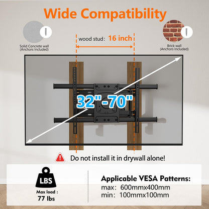 Corner TV Wall Mount,Long Arm TV Mount with 25.6 inch Extension,Full Motion TV Mount Swivel and Tilt Heavy Duty,90 Degree TV Wall Mount,Fit 32-70''TV, Load 77lbs,Max VESA 600x400mm by WHYFONE