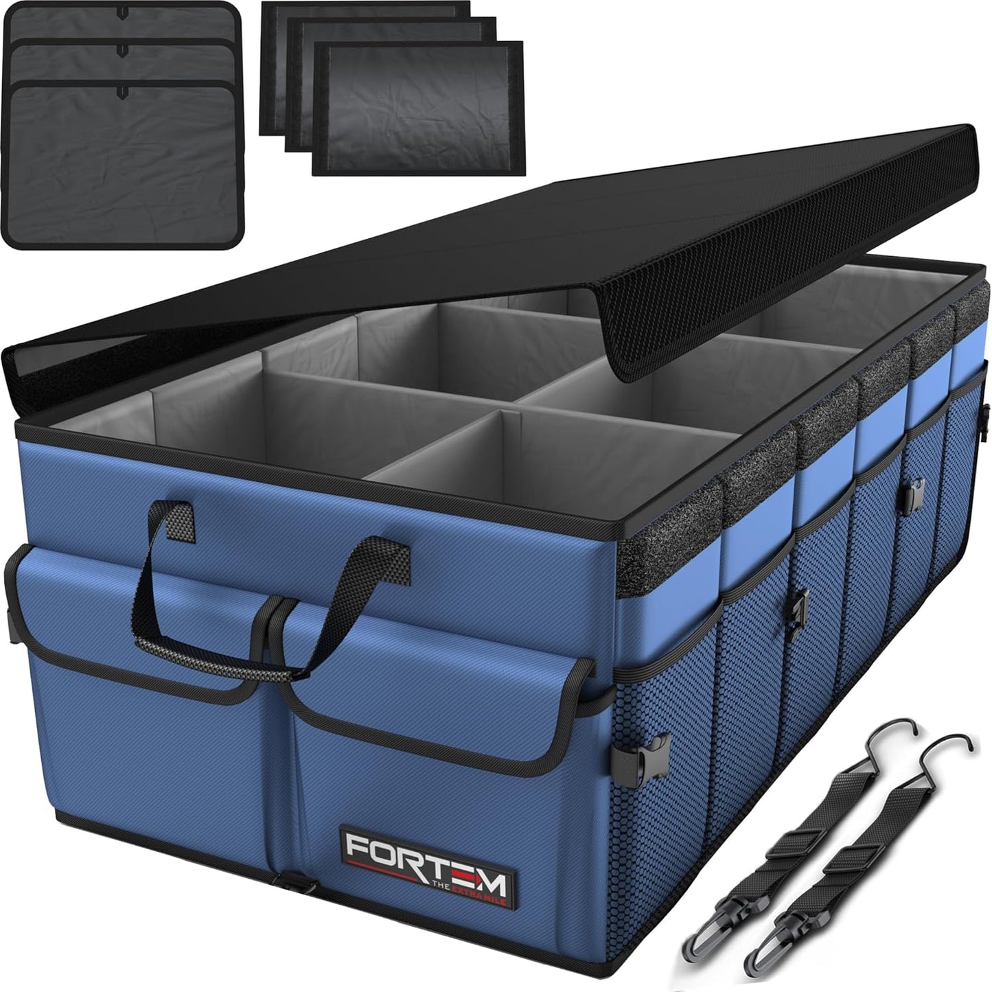 FORTEM Car Trunk Organizer, Collapsible Multi Compartment Car Organizer, Foldable SUV Storage for Car Accessories for Women Men, Non Slip Bottom, Securing Straps, Soft Cover 50L (Black, Standard)
