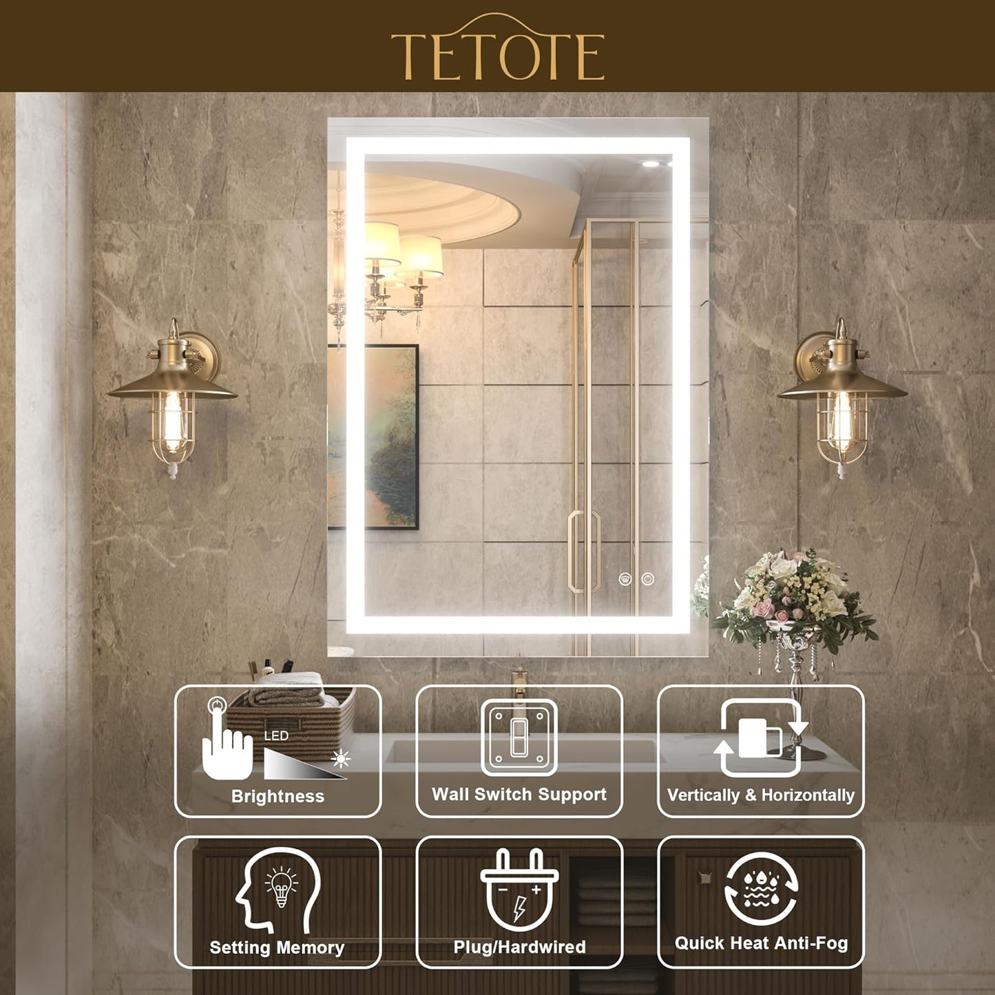 TETOTE 36 x 28 Bathroom LED Mirror Bedroom LED Mirror Fashion Style Vanity Makeup Mirror Dimmable Anti-Fog Wall Mounted Birthday Gift Housewarming Gift Wedding Gift