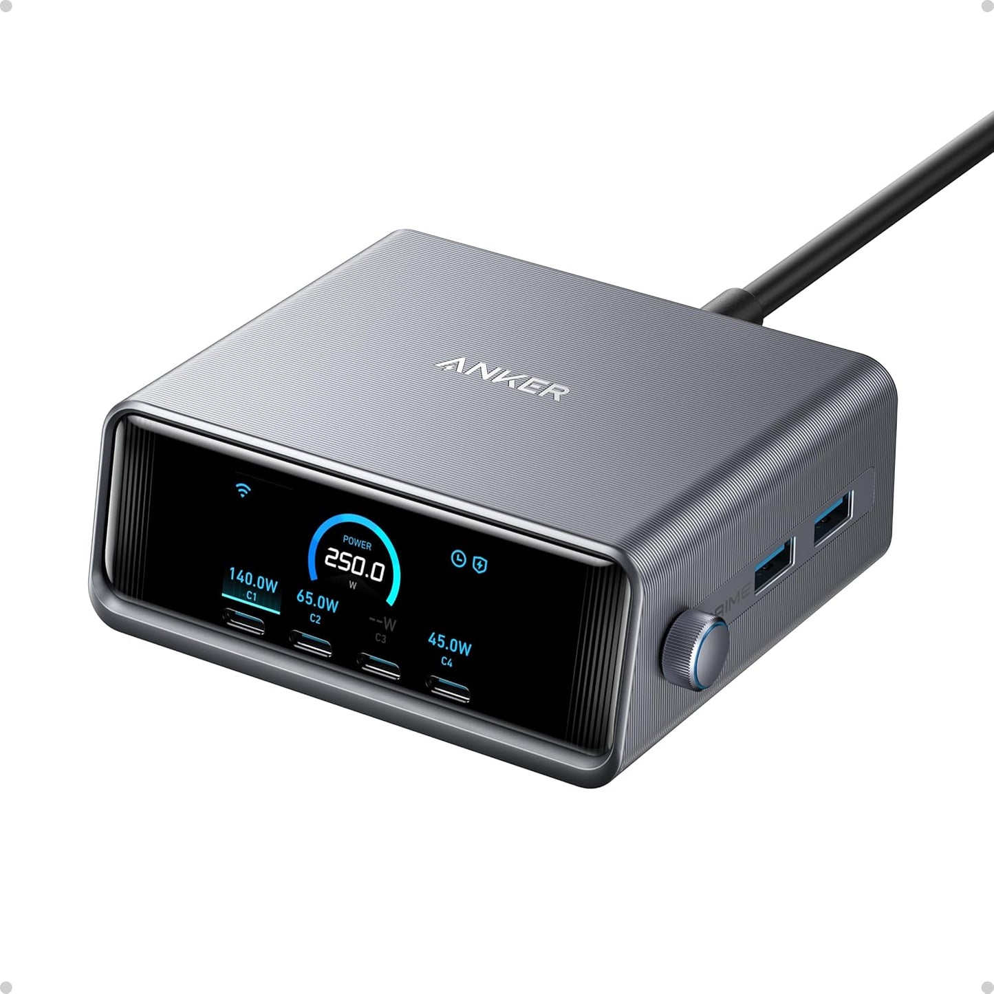 Anker Prime 250W USB-C Charger, Ultra-Fast 6-Port GaN Charging Station, 2.26" LCD Display and Smart Control Dial, Compatible with MacBook Pro/Air, iPhone 15/14/13, Pixel, Galaxy, Apple Watch, and More