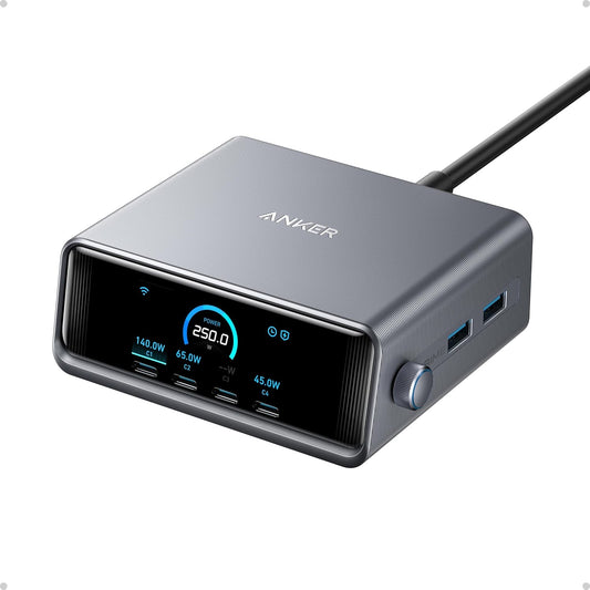 Anker Prime 250W USB-C Charger, Ultra-Fast 6-Port GaN Charging Station, 2.26" LCD Display and Smart Control Dial, Compatible with MacBook Pro/Air, iPhone 15/14/13, Pixel, Galaxy, Apple Watch, and More
