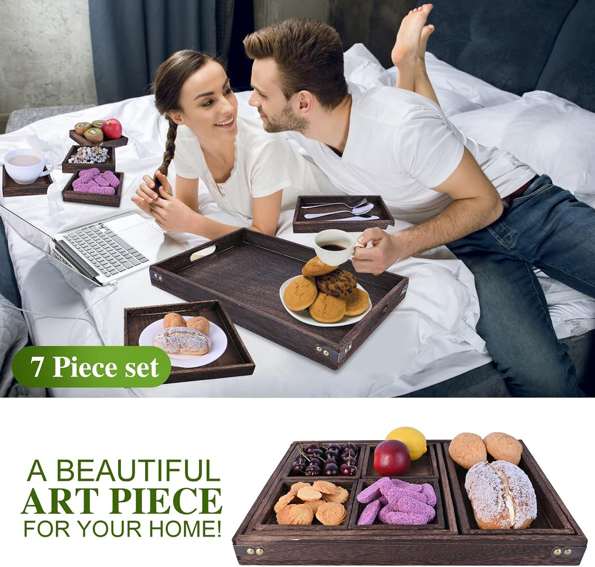 Wood Serving Tray with Handles, Set of 7 Rectangular Wooden Nesting Multipurpose Trays, Decorative Serving Trays Platter for Breakfast in Bed, Lunch, Dinner, Patio, Ottoman, Coffee Table, Party