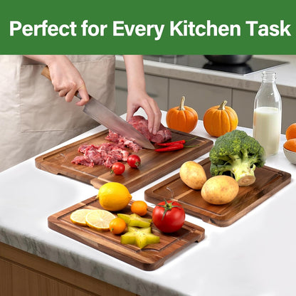 Bamboo Cutting Board for Kitchen, Bamboo Cutting Board Set of 3 with Juice Groove, Double-Sided Chopping Board Serving Board with Hanging Hole for Meat, Vegetables and Cheese