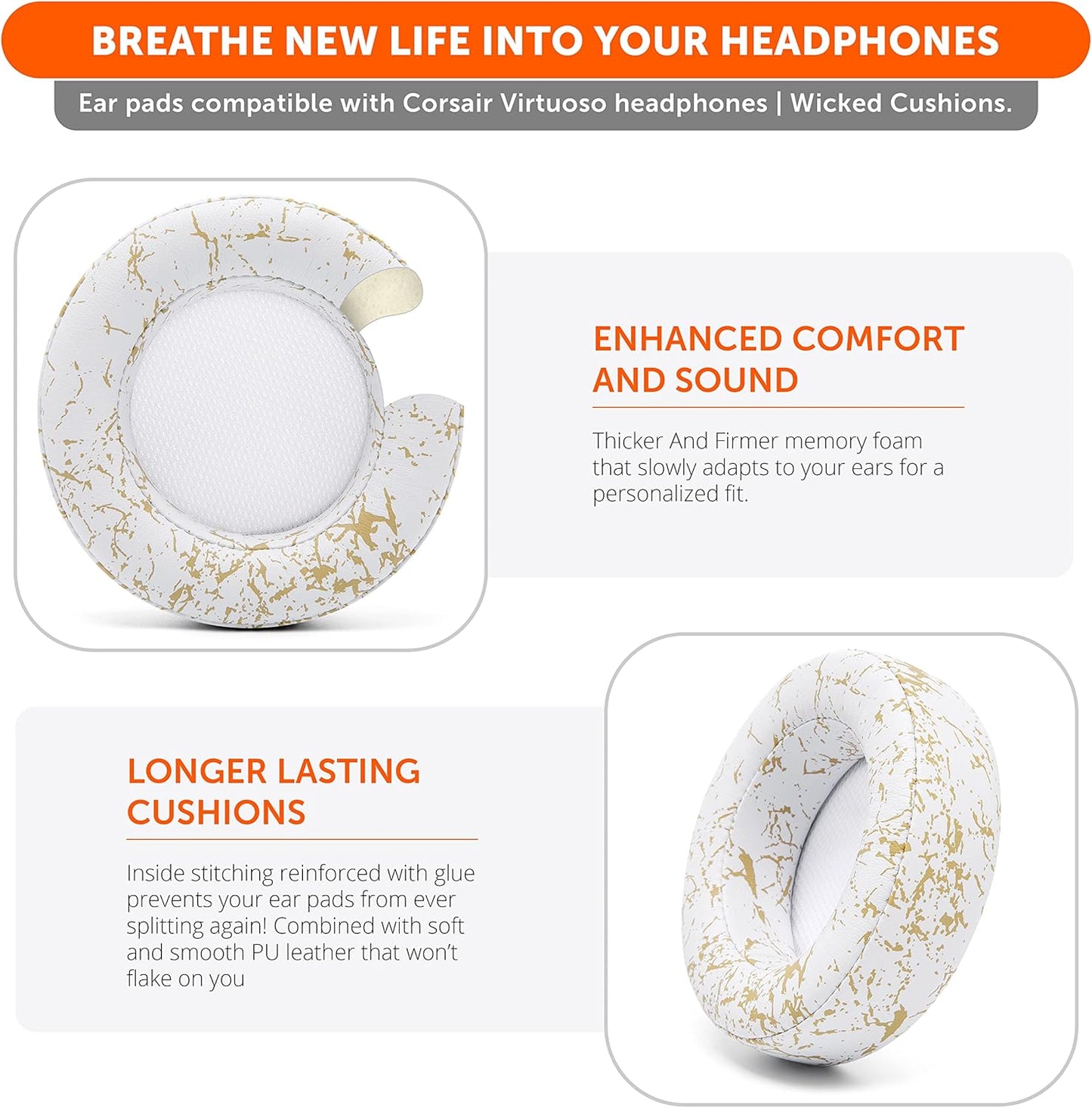 WC Upgraded Replacement Earpads for Corsair Virtuoso RGB Wireless Gaming Headset Made by Wicked Cushions | Improved Durability, Thickness, Softer Leather, and Sound Isolation | (90s White)