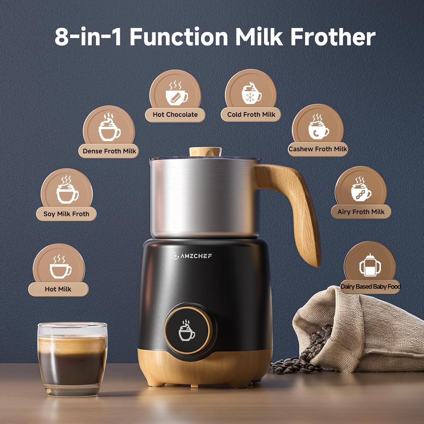 AMZCHEF 8-in-1 Milk Frother Electirc, 17oz (500ml) Stainless Steel Coffee Frother & Steamer, Mousseur A Lait for Latte, Cappuccino, Hot Chocolate, Hot Chocolate, Dishwasher Safe