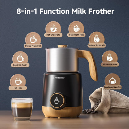 AMZCHEF 8-in-1 Milk Frother Electirc, 17oz (500ml) Stainless Steel Coffee Frother & Steamer, Mousseur A Lait for Latte, Cappuccino, Hot Chocolate, Hot Chocolate, Dishwasher Safe
