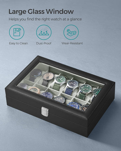 SONGMICS Watch Box, 6-Slot Watch Case, Watch Box Organizer, Black Synthetic Leather, Greenish Gray Lining UJWB06BK