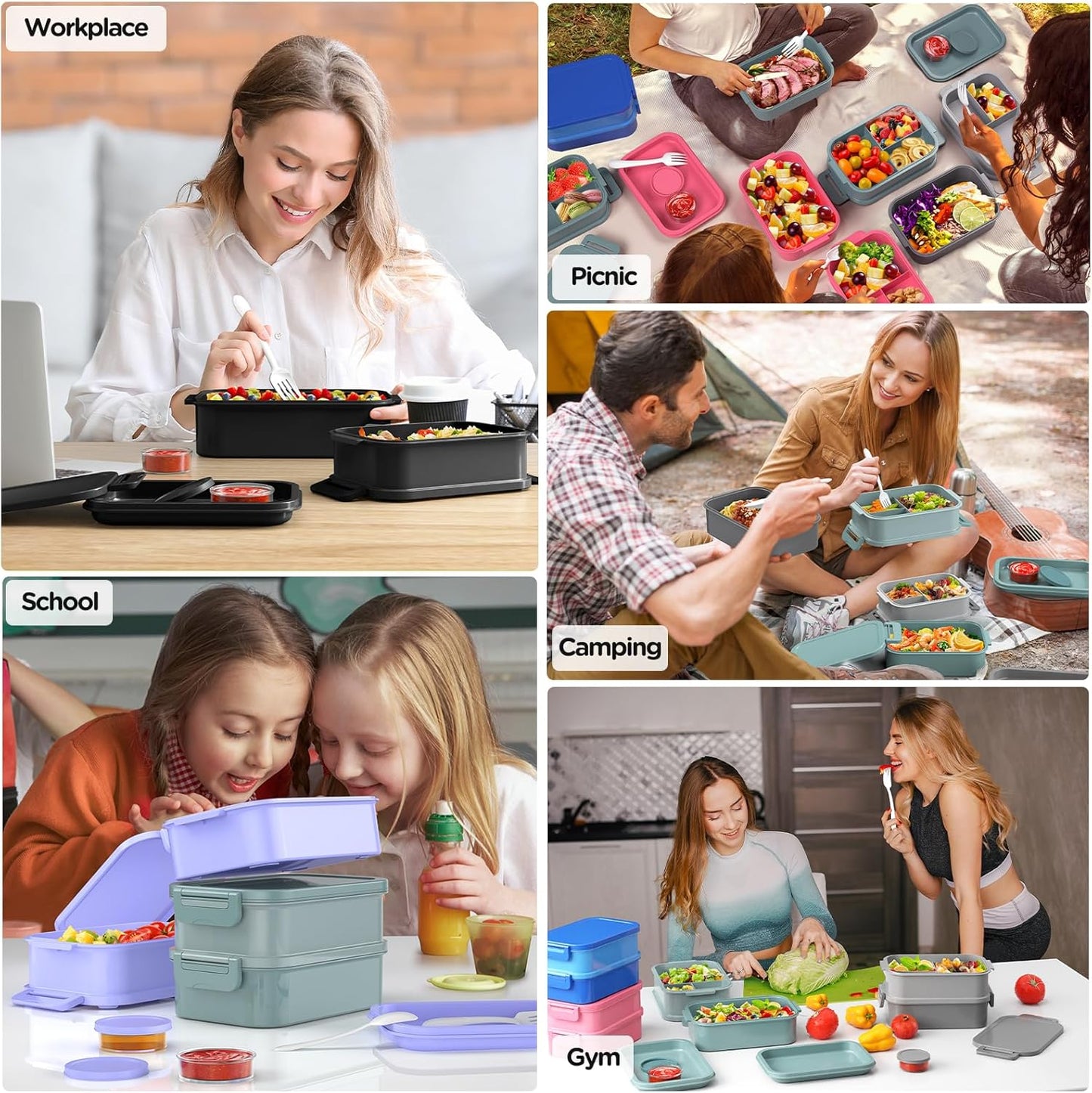 JSCARES Lunch Box Adults Bento Box - All-in-One Stackable 74 OZ Lunch Box Containers for Adult Large Bento Box with Fork Spoon Sauce Boxes, Leakproof Lunchbox for Work School Dining Out (Green)