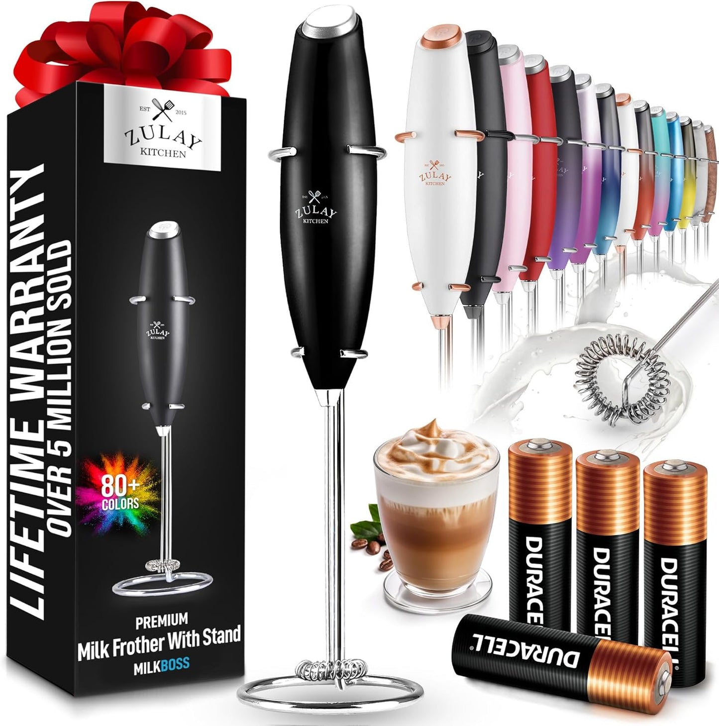Zulay Kitchen Powerful Double Whisk Milk Frother Handheld - Foam Maker with Stand - Whisk Drink Mixer for Coffee, Mini Foamer for Latte, Matcha, Frappe, Hot Chocolate & Cappuccino (Black)