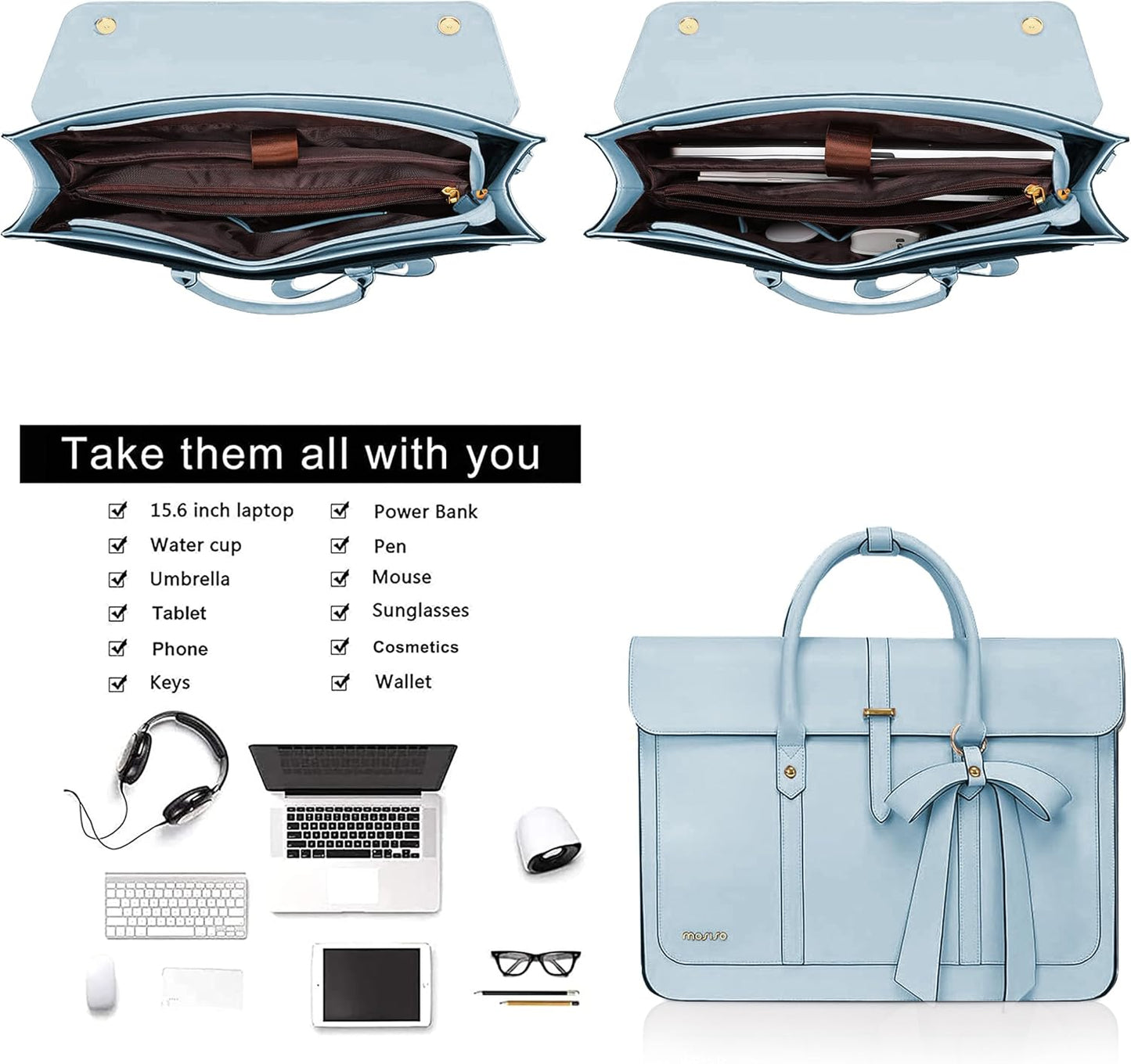 MOSISO Laptop Bag for Women, PU Leather Laptop Shoulder Bag Convertible Backpack, Work Travel Computer Bag with Bowknot - PuriLite