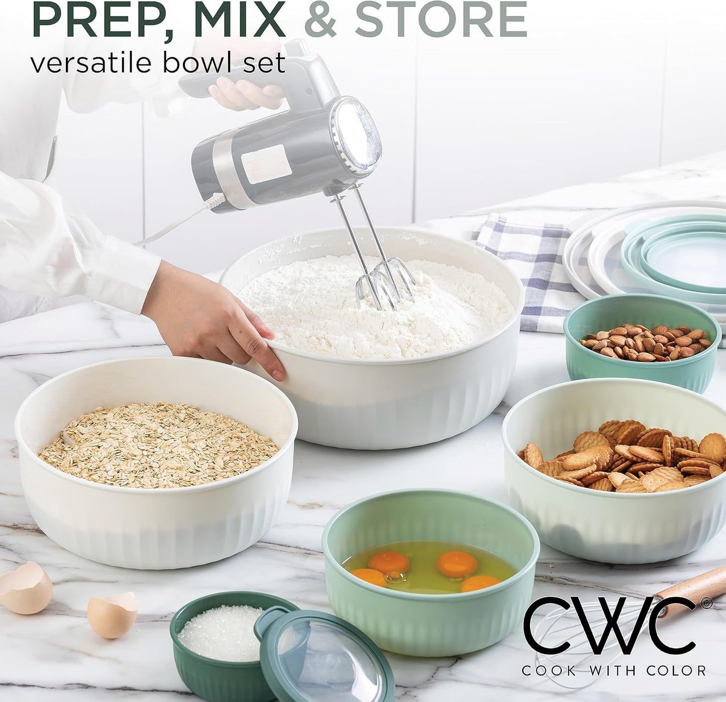 COOK WITH COLOR Prep Bowls with Lids- 8 Piece Nesting Plastic Small Mixing Bowl Set with Lids (Teal Ombre)