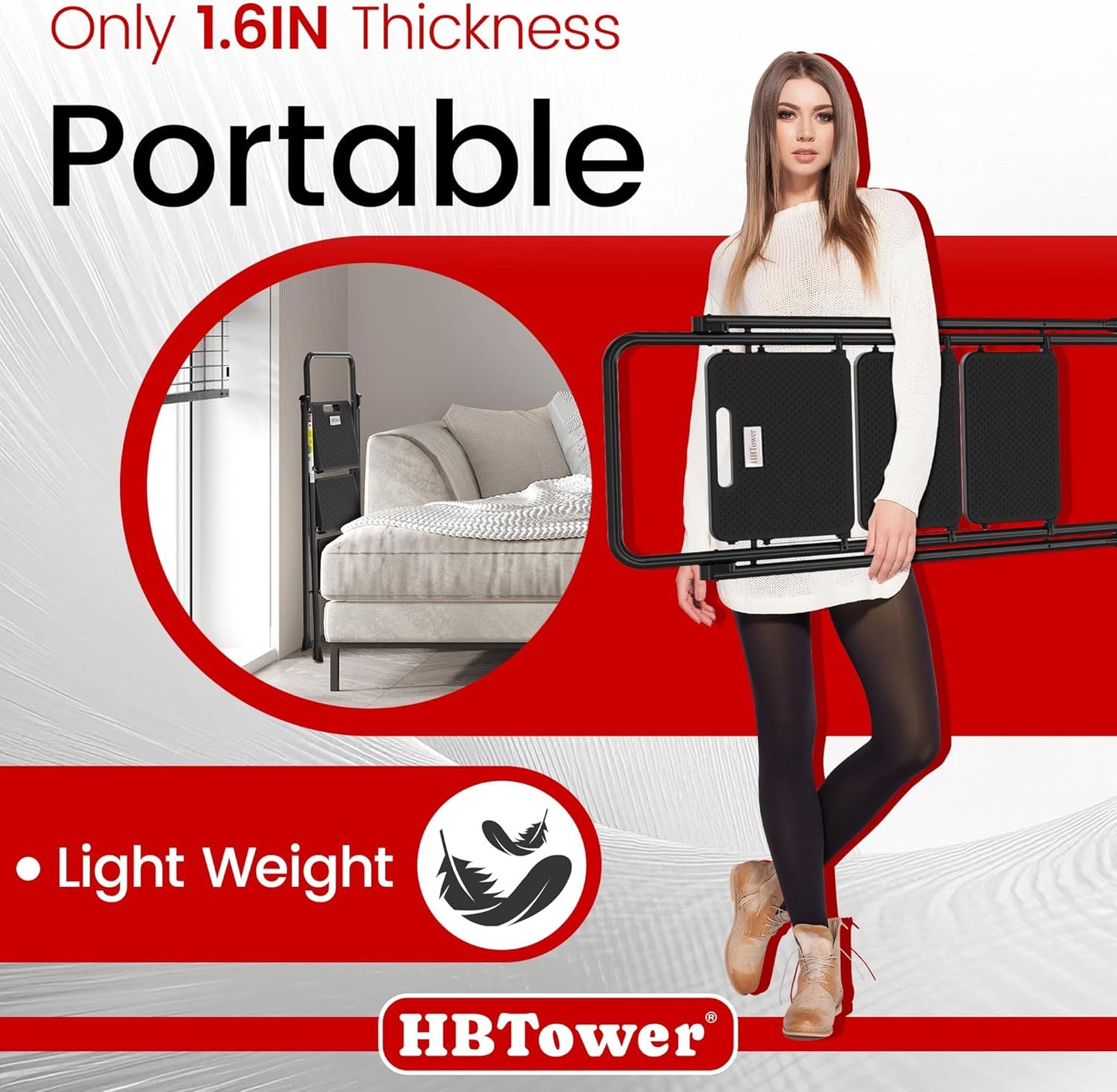 HBTower 3 Step Ladder, Folding Step Stool with Wide Anti-Slip Pedal, 500lbs Sturdy Steel Ladder, Convenient Handgrip, Lightweight, Portable Steel Step Stool, Black