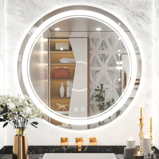 TETOTE 28 Inch Round LED Bathroom Vanity Mirror, Anti-Fog Dimmable Lights IP54 Waterproof Circle Makeup Wall Mounted Mirror - PuriLite