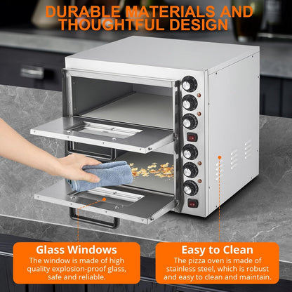 Commercial Pizza Oven Countertop, 3600W Stainless Steel Electric Pizza Oven, Indoor Pizza Maker with Timer/Pizza Stones, Double Deck Layer Pizza Cooker for Restaurant Home, Silver