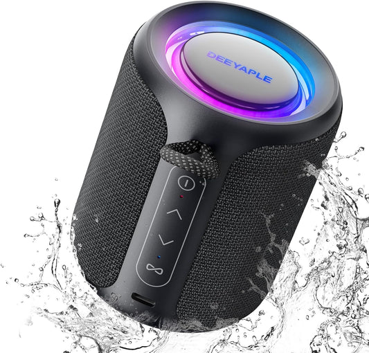 Deeyaple Portable Bluetooth Speaker, IP67 Waterproof Mini Bluetooth Speaker Wireless V5.3 with Stereo Sound,All Day,TWS Pairing,LED Light,Gift for him/her (Black)