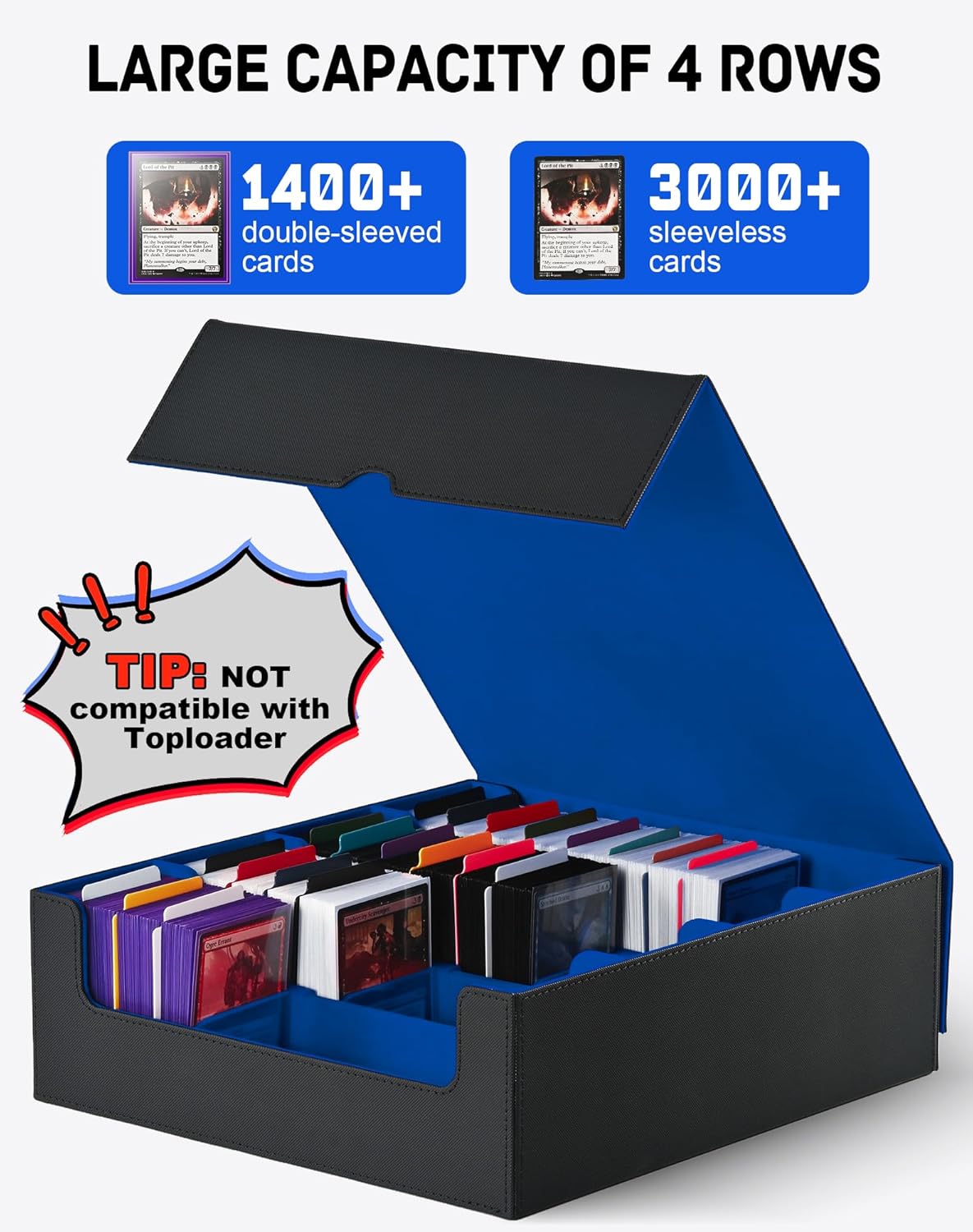 ZLCA Card Storage Box for MTG PTCG, Commander Deck Box Holds 3000+ Cards, Card Storage Case with 4 Stoppers, Card Organizer for TCG Sport Cards (Black)