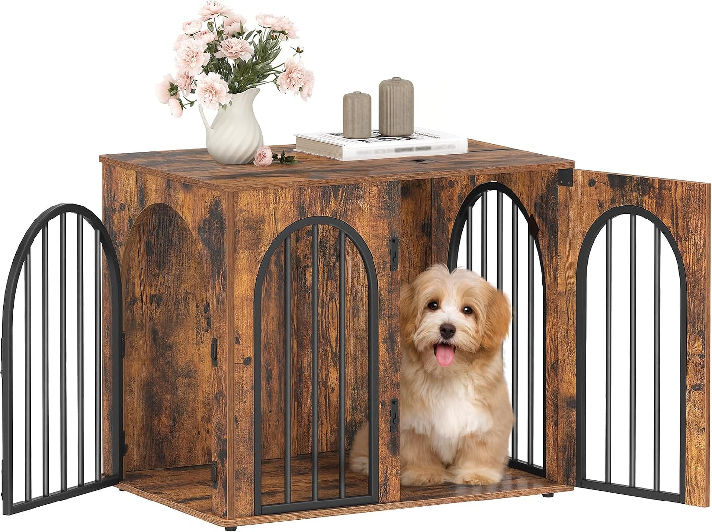 Hzuaneri 100 cm Wooden Dog Crate Furniture, Indoor Dog Kennel Dogs Cage for Small/Medium/Large Dogs, Heavy Duty Dog Crates Decorative Pet House End Side Table TV Stand, White Brown DFC84114B