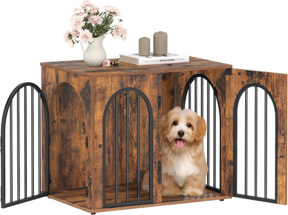 Hzuaneri 100 cm Wooden Dog Crate Furniture, Indoor Dog Kennel Dogs Cage for Small/Medium/Large Dogs, Heavy Duty Dog Crates Decorative Pet House End Side Table TV Stand, White Brown DFC84114B