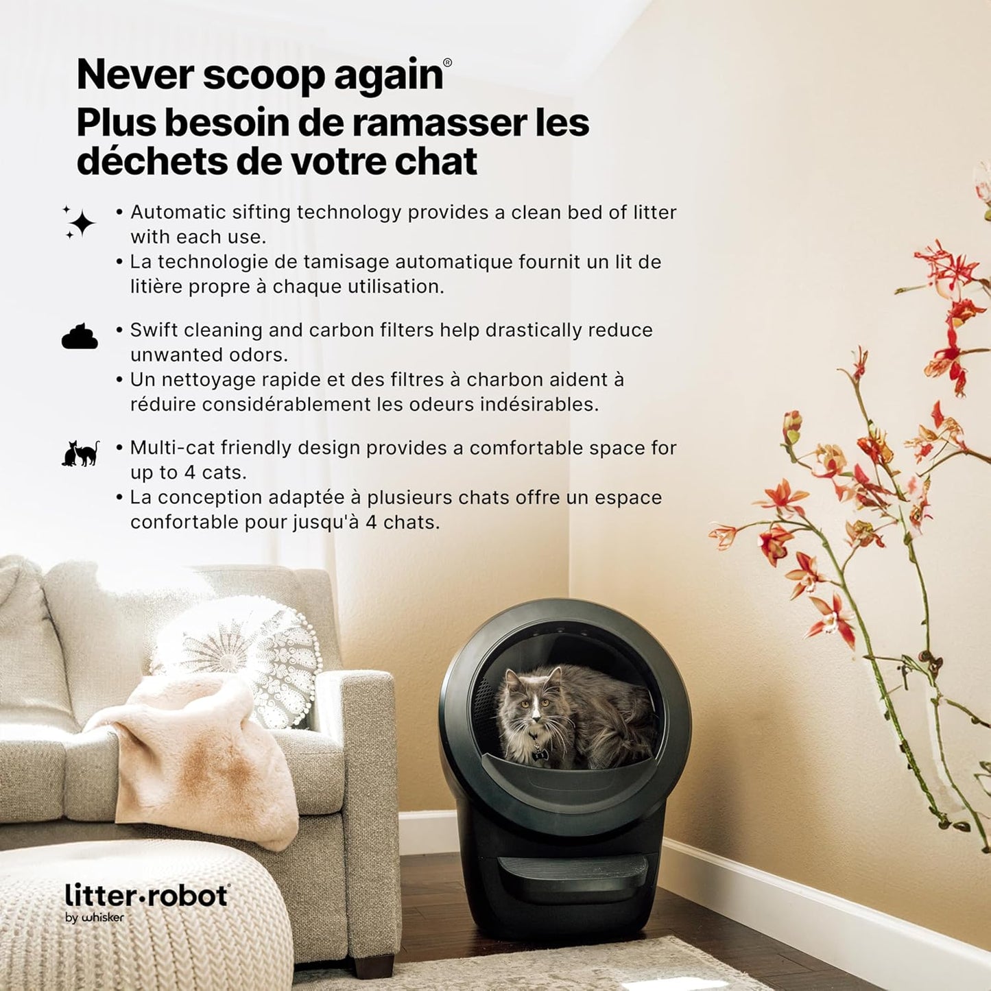 Litter-Robot 4 with Step & Fence by Whisker, White - Automatic, Self-Cleaning Cat Litter Box, Helps Reduce Litter Box Odors, Never Scoop Again, Includes 1 Year of WhiskerCare