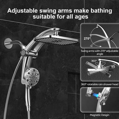Rain Shower Head with Handheld High Pressure Rainfall Shower Heads with Handheld Spray Combo Adjustable one-piece Stand daul Shower Head Built-in Magnetic Docking and Power Jets（Sliver）
