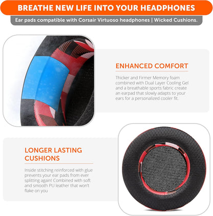 WC Freeze Virtuoso - Hybrid Fabric Cooling Gel Replacement Earpads for Corsair Virtuoso Gaming Headset, Made by Wicked Cushions, Improved Durability, Thickness and Sound Isolation |90s Black