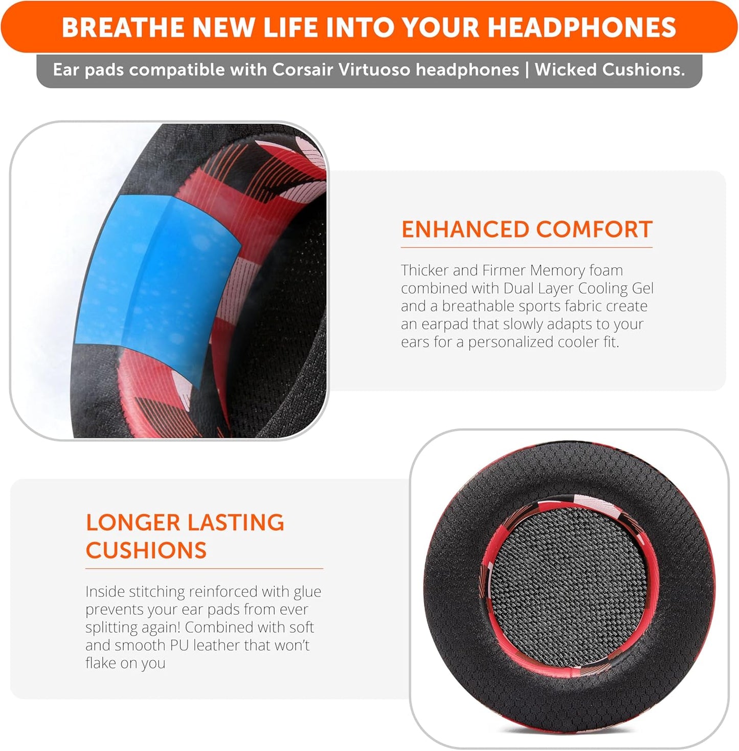 WC Freeze Virtuoso - Hybrid Fabric Cooling Gel Replacement Earpads for Corsair Virtuoso Gaming Headset, Made by Wicked Cushions, Improved Durability, Thickness and Sound Isolation |Hex Red