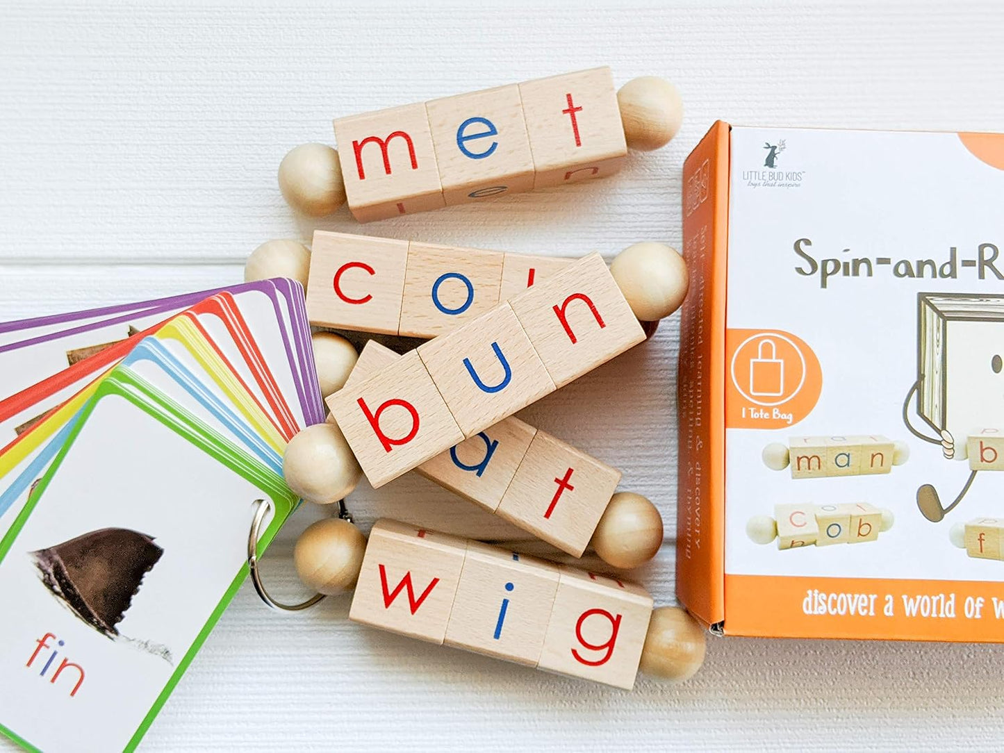 Little Bud Kids Spin-and-Read Phonics Toy, Rotating Wooden Reading Blocks with CVC Flash Cards, A Montessori Reading Learning Resources Toy for 3-5 Years Old