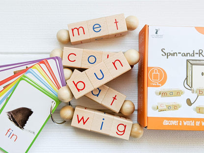 Little Bud Kids Spin-and-Read Phonics Toy, Rotating Wooden Reading Blocks with CVC Flash Cards, A Montessori Reading Learning Resources Toy for 3-5 Years Old