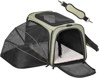 Petsfit Expandable Cat Dog Carrier Airline Approved, 17" L x 11" W x 11" H Soft-Sided Portable Pet Travel Carrier for Kitten, Puppy, Removable Soft Plush Mat and Pockets, Auto-Locking Zippers