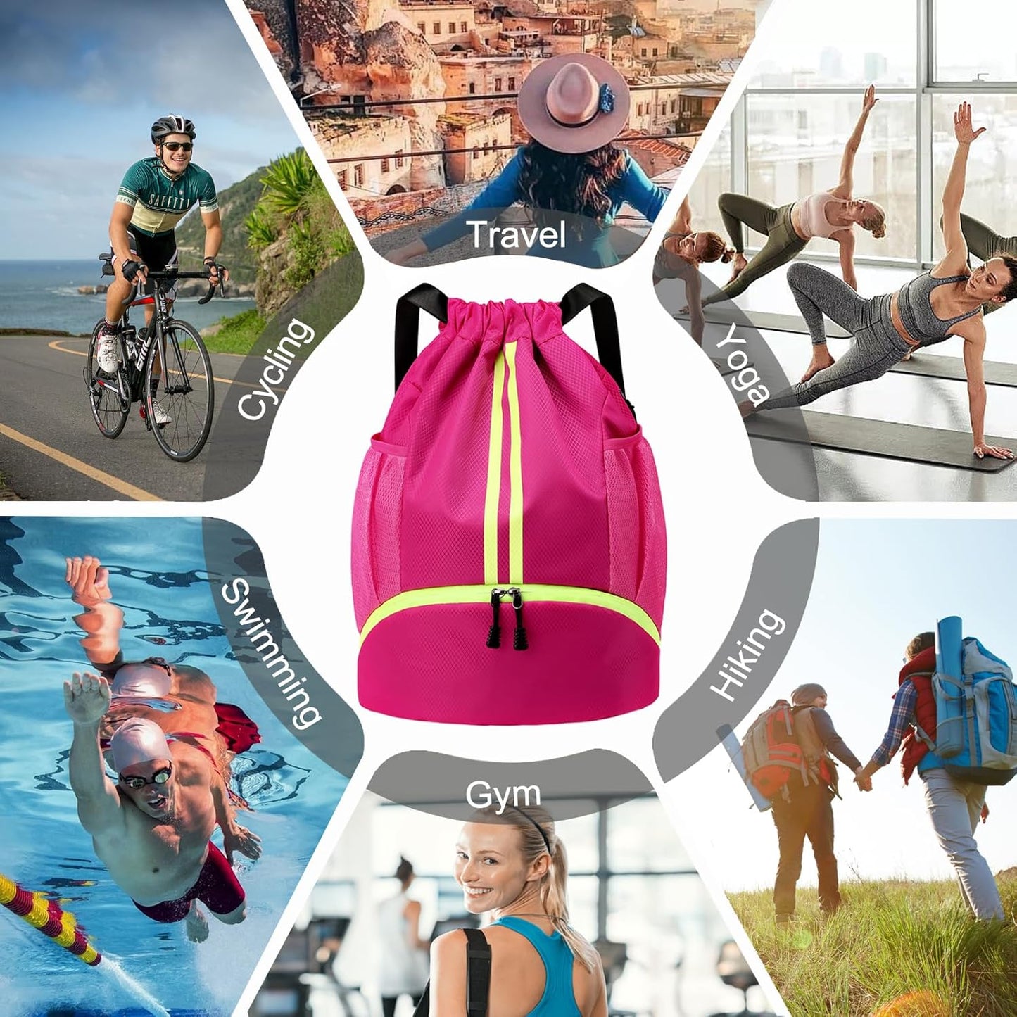 Hoedia Sports Drawstring Backpack - String Swim Gym Bag with Shoes Compartment and Wet Proof Pocket for Women/Men