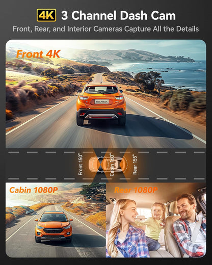 WOLFBOX i17 4K 3 Channel Dash Cam Built-in 5.8GHz WiFi GPS with 64GB Card, 4K+1080P+1080P Dash Cam Front and Rear Inside, Triple Car Camera with 3 Inch Screen, IR Night Vision, WDR, 24H Parking Mode