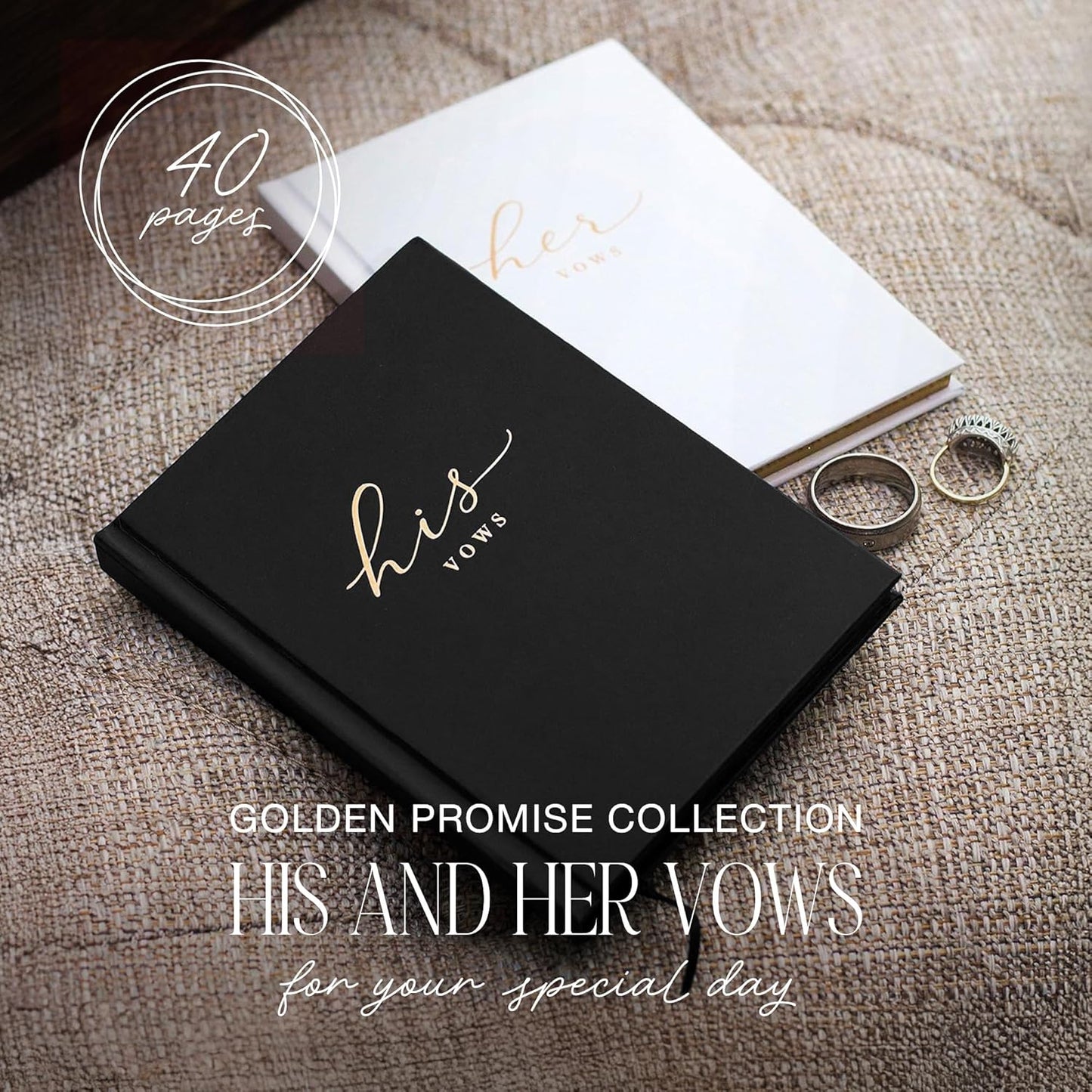 Wedding Vow Books His and Hers – Perfectly Sized, Hardcover Vow Booklets with Gold Foil Lettering – Vows Book Her & Him, Wedding Essentials Idea, Wedding Registry Gifts (Black Ivory, Gold)