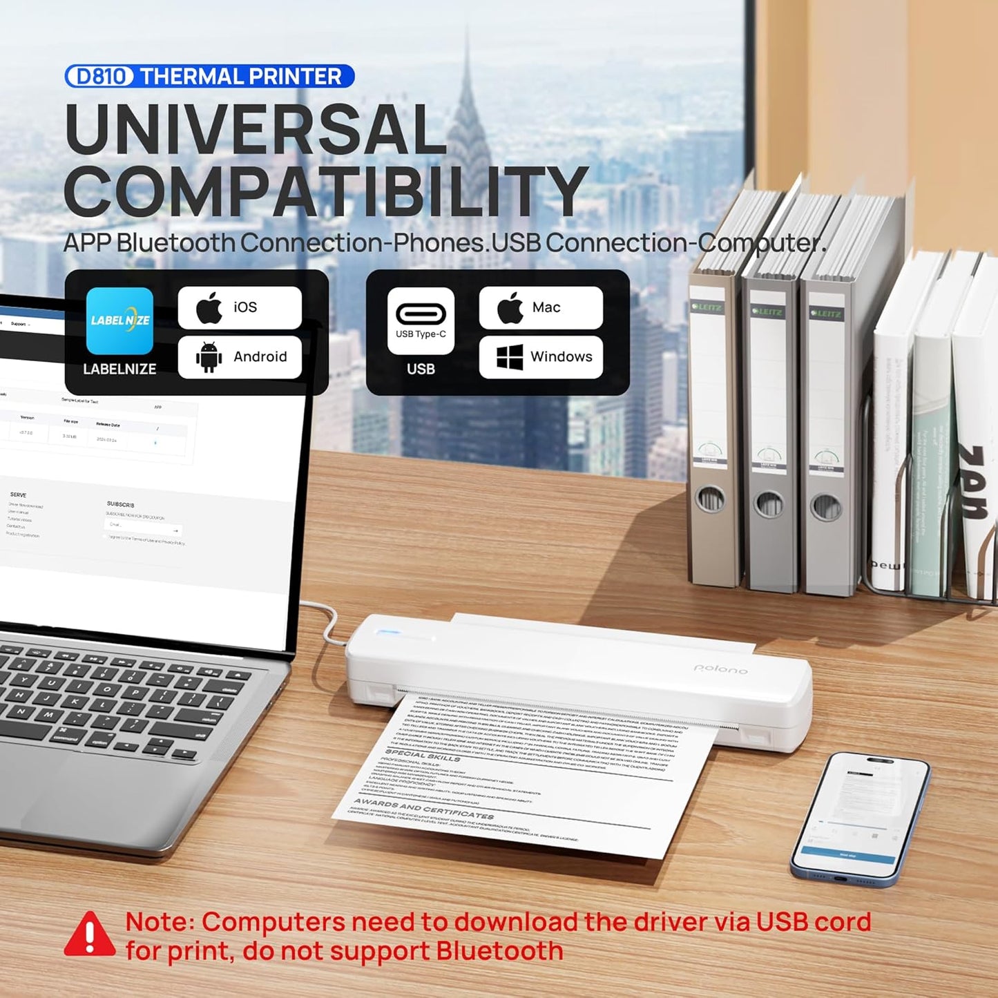 POLONO Portable Printer Wireless for Travel, D810 Bluetooth Thermal Printer Support for 8.5"x11" US Letter, Inkless Compatible with iOS, Android, Laptop for Office, Car and Home, White