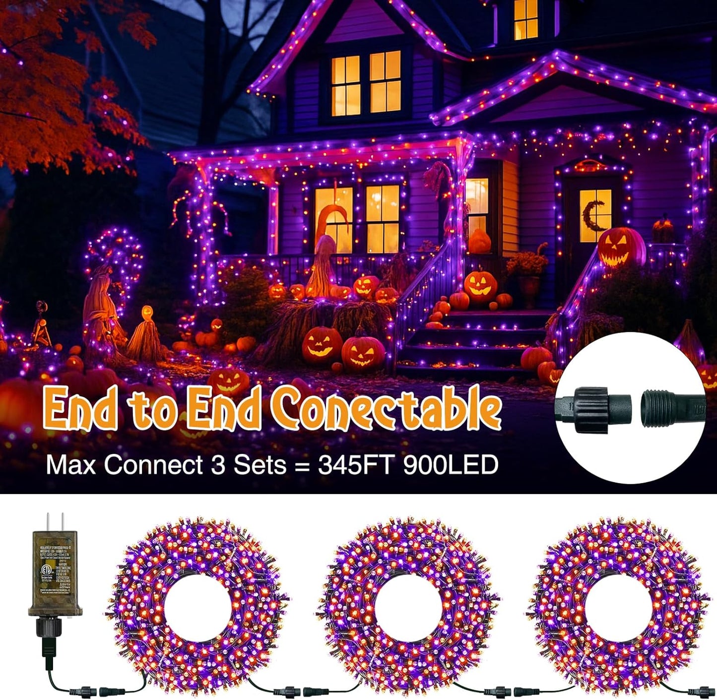 btfarm Halloween Lights Outdoor with Remote, 115FT 300 LED Orange Purple Halloween String Lights Indoor, Waterproof Connectable 8 Modes Plug in Twinkle Light for Tree Yard Garden Party Decorations