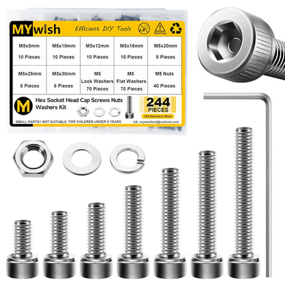 Mywish 900Pcs Metric Screw Assortment, M3 M4 M5 M6 Screw Assortment Kit 304 Stainless Steel Hex Socket Button Head Socket Cap Metric Screws Bolts & Flat Washers/Nuts/Hex Wrenches 16 Sizes 8MM to 20MM