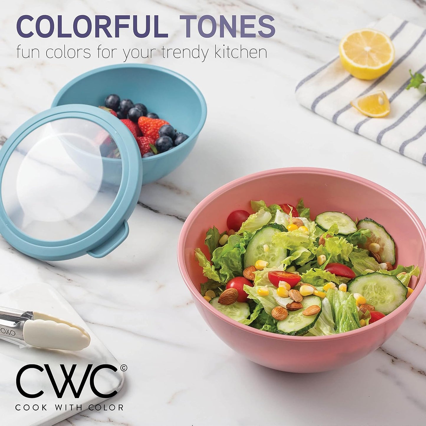 COOK WITH COLOR Mixing Bowls with TPR Lids - 12 Piece Plastic Nesting Bowls Set Includes 6 Prep Bowls and 6 Lids, Microwave Safe Mixing Bowl Set (Green)