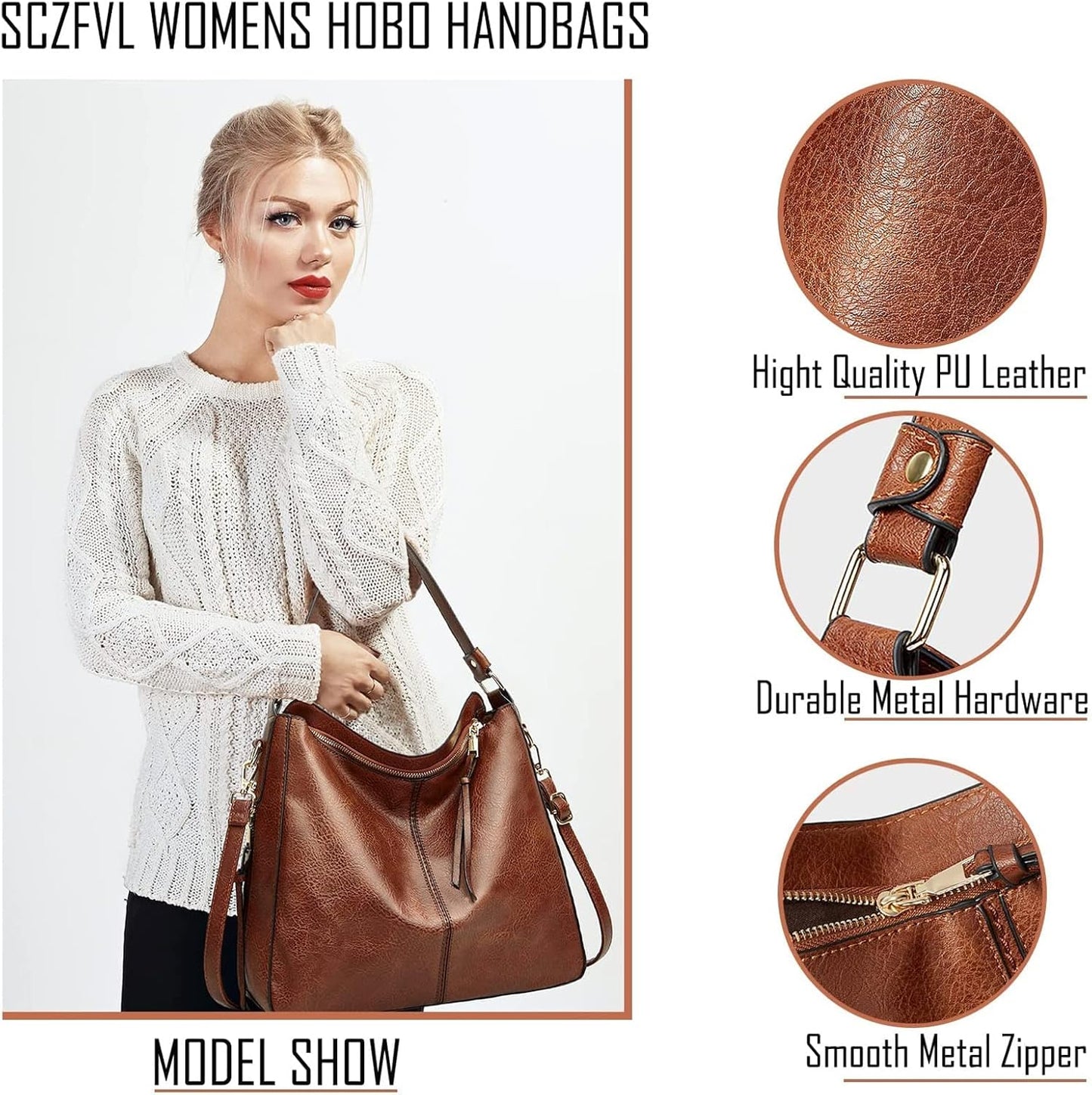 Hobo Bags for Women Handbags Purse Ladies Boho Shoulder Bag Crossbody Purses PU Leather Brown 2PCS