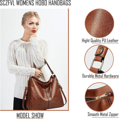 Hobo Bags for Women Handbags Purse Ladies Boho Shoulder Bag Crossbody Purses PU Leather Brown 2PCS