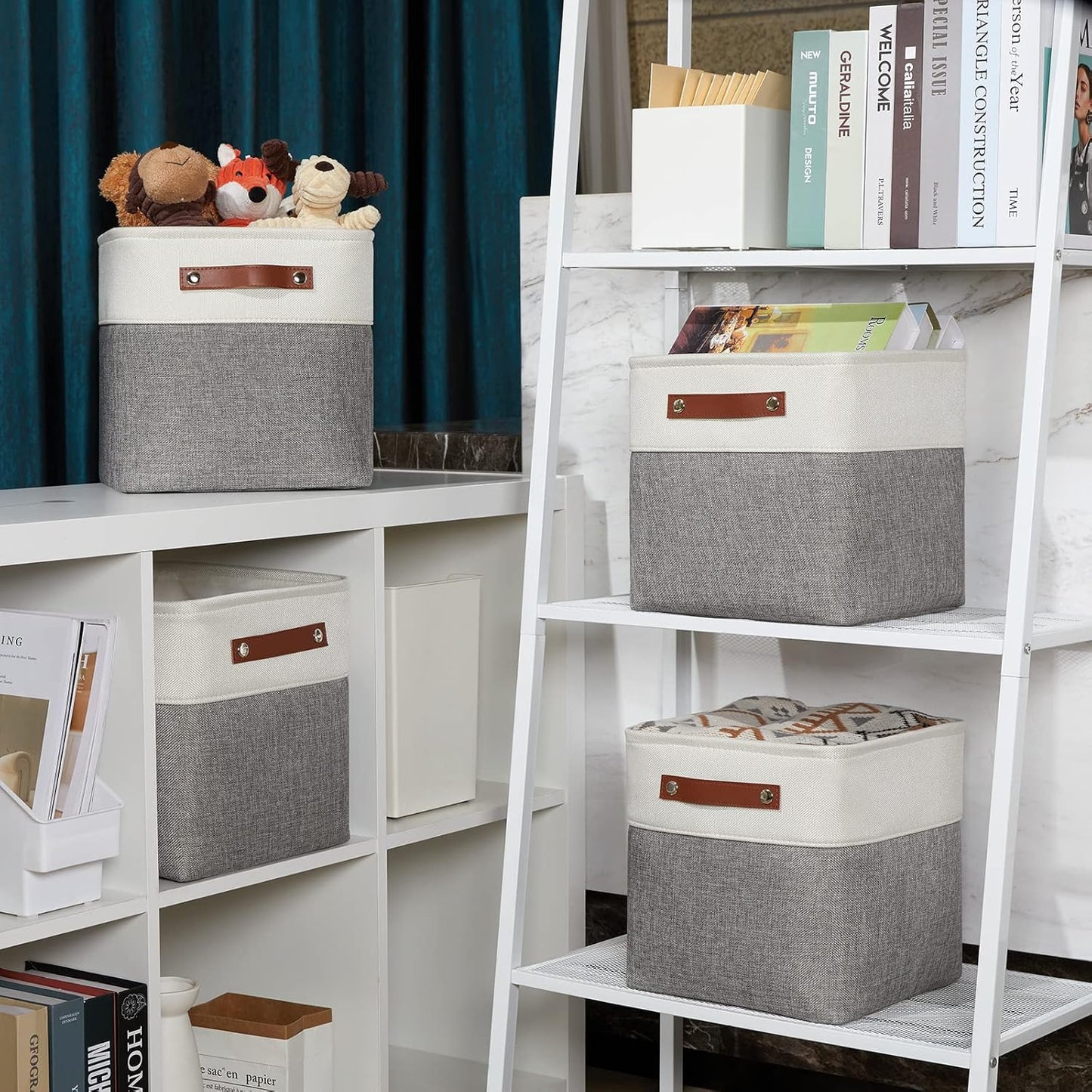 DULLEMELO Storage Baskets for Shelves, Fabric Collapsible Rectangular Storage Bins for Shelves, Closets, Nursery, Home, Office, Empty Gift Baskets (White&Teal)