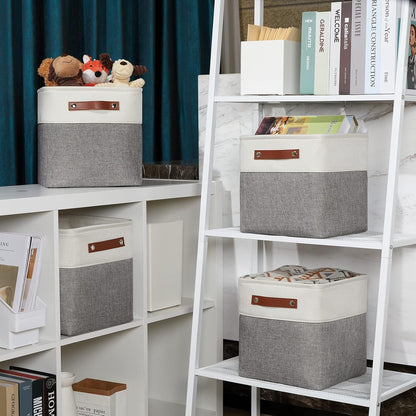 DULLEMELO Storage Baskets for Shelves, Fabric Collapsible Rectangular Storage Bins for Shelves, Closets, Nursery, Home, Office, Empty Gift Baskets (White&Teal)