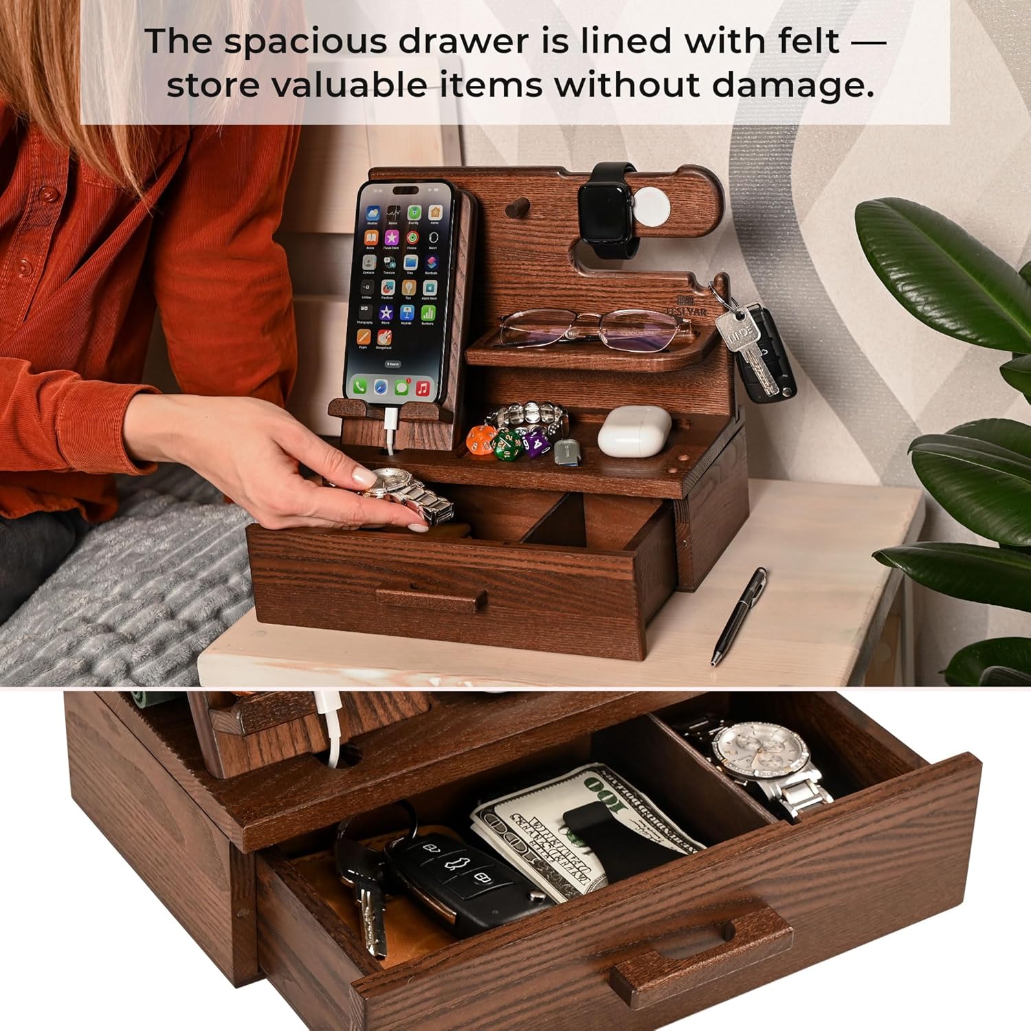 TESLYAR Wood Phone Docking Station with Drawer – Solid Wood Nightstand & Desk Organizer for Phone, Watch, Keys & Accessories - PuriLite