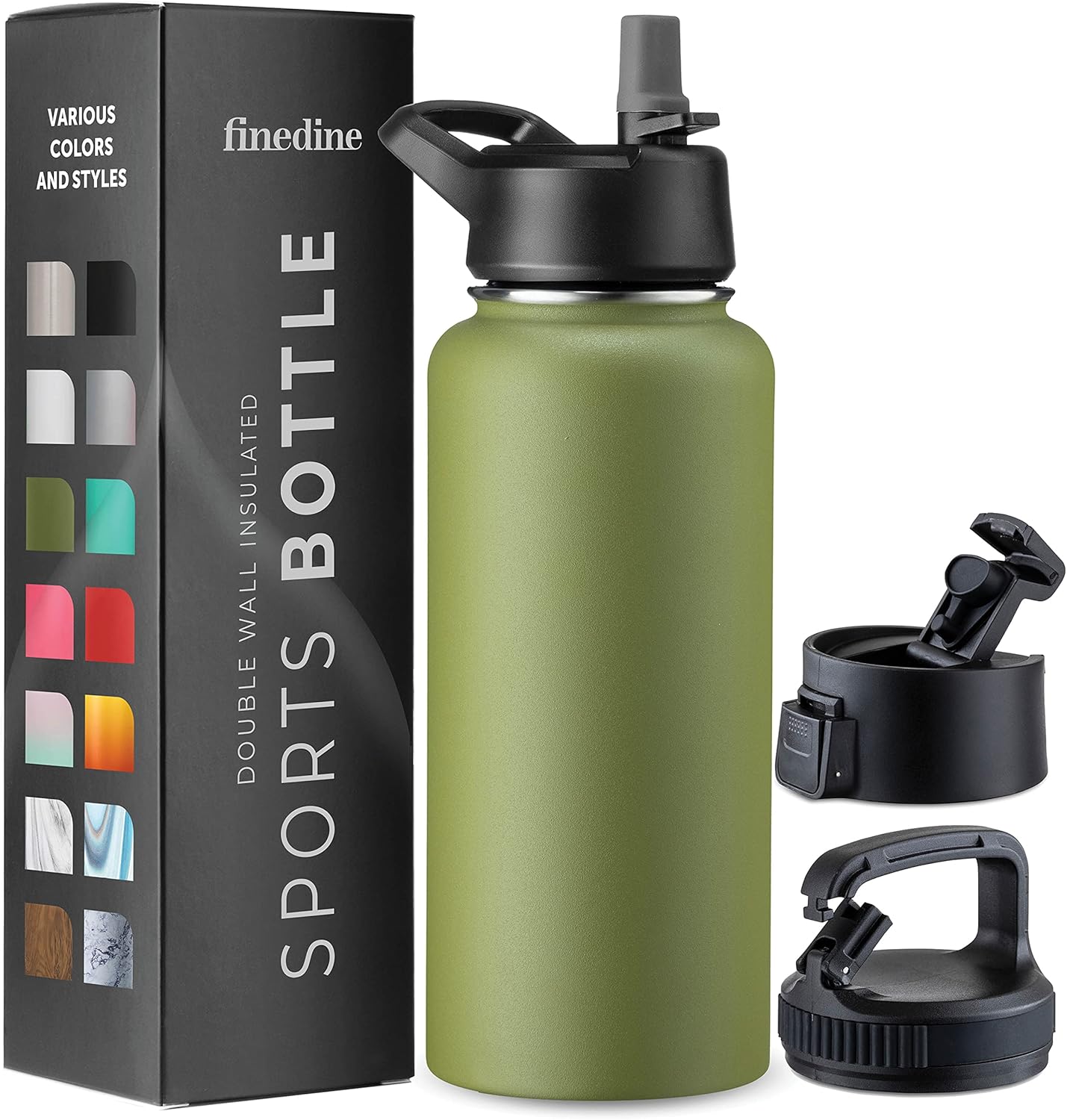 FineDine Water Bottle - Stainless Steel Insulated Water Bottle with Straw Lid, Flip Lid & Wide-Mouth Cap - Keeps Hot and Cold - 25 Oz / 739ml - Pure Pearly White