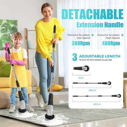 YKYI Electric Spin Scrubber,Cordless Electric Cleaning Brush,Shower Scrubber with 8 Replaceable Brush Heads,Power Scrubber 2 Adjustable Speeds,Bathroom Brush with Long Handle for Bathtub,Tile,Floor