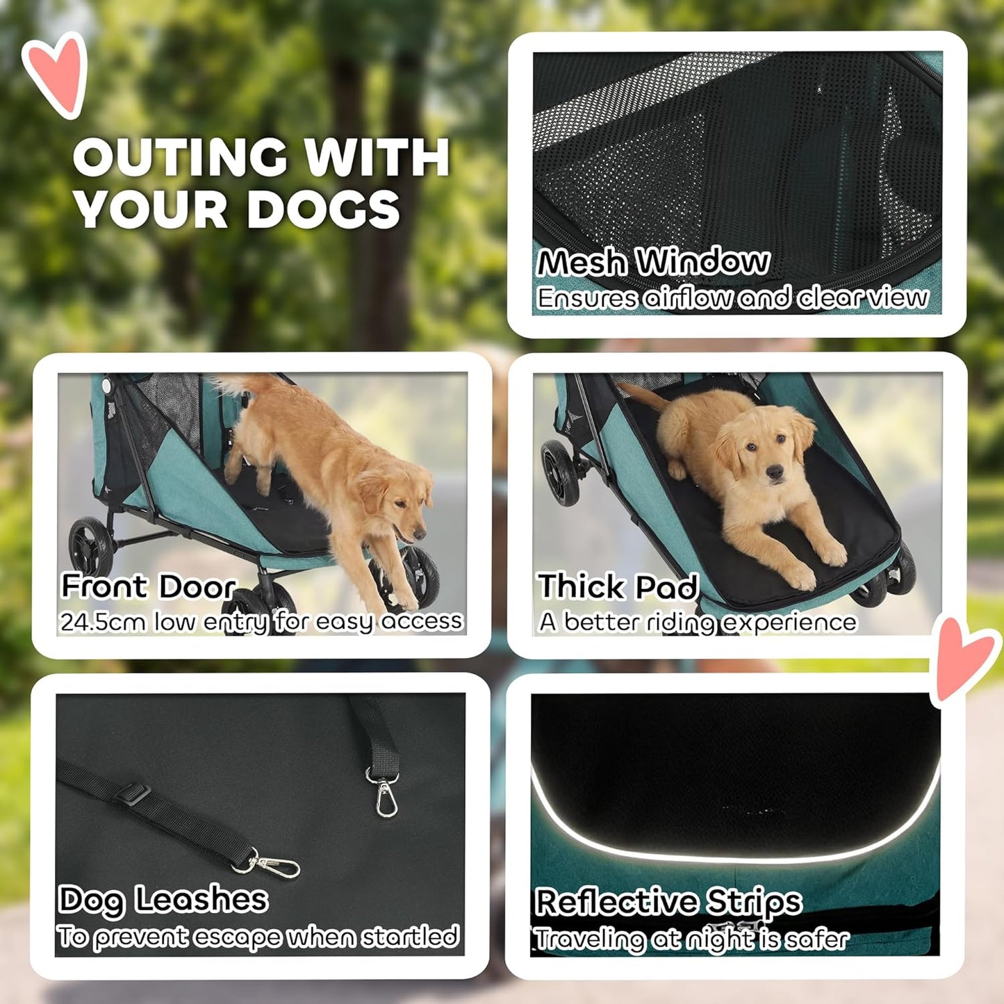 PawHut Dog Stroller for Large Dogs Up to 66 lbs Easy Fold Cart Turquoise | 4-Wheel Shock Absorption, One-Foot Brake, All Terrain Wagon Cart, Air Mesh