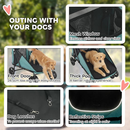 PawHut Dog Stroller for Large Dogs Up to 66 lbs Easy Fold Cart Turquoise | 4-Wheel Shock Absorption, One-Foot Brake, All Terrain Wagon Cart, Air Mesh